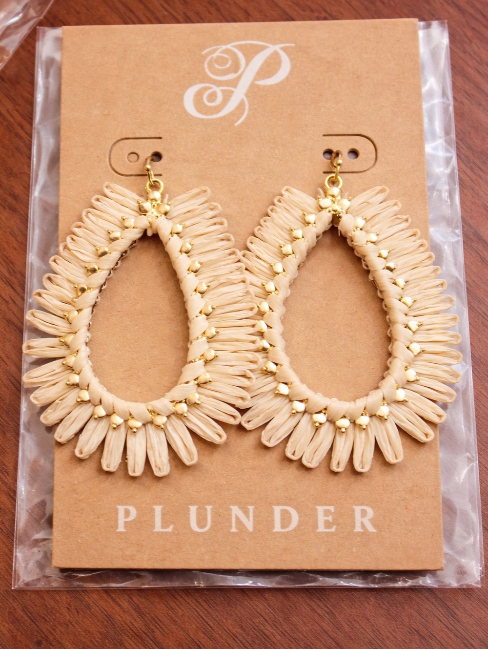 Plunder Beige Raffia Teardrop Earrings with Gold Beads
